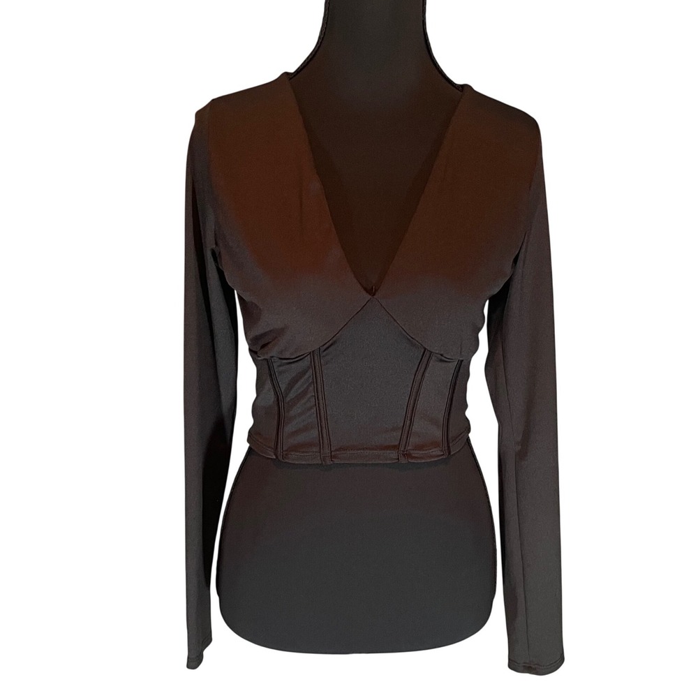 Saints 21 Womens Black Long Sleeve Corset Top‎ Deep V-Neck Cropped M Gothcore